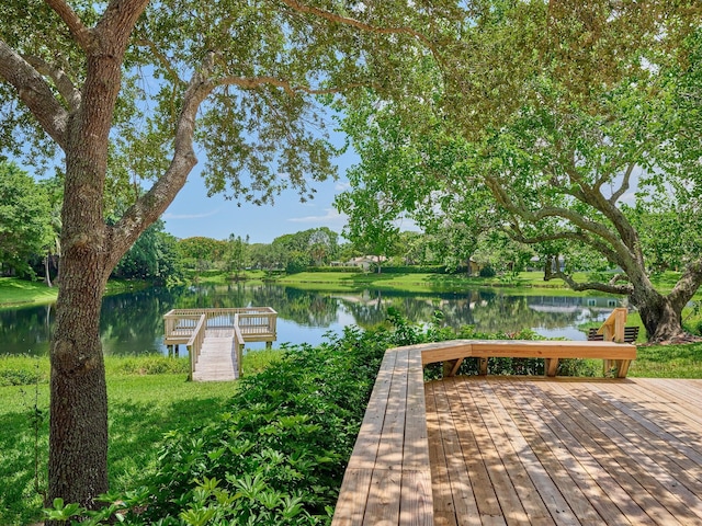 deck featuring a water view and a boat dock