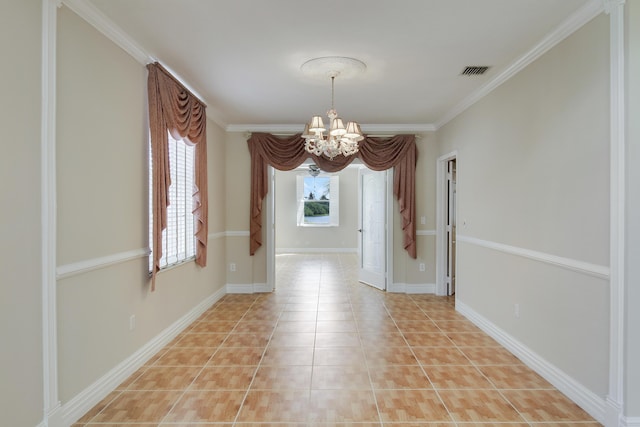 unfurnished dining area with a chandelier, light tile patterned floors, visible vents, and baseboards