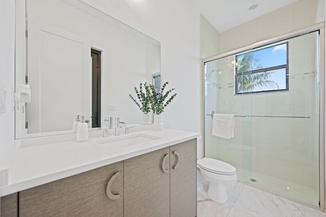 full bathroom featuring a stall shower, vanity, and toilet