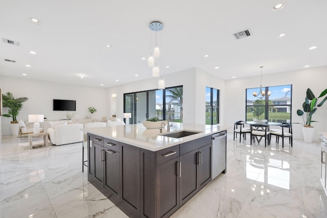 kitchen featuring visible vents, marble finish floor, dark brown cabinets, stainless steel dishwasher, and recessed lighting