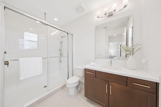 full bathroom featuring toilet, a shower stall, visible vents, and vanity