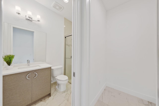 bathroom with marble finish floor, visible vents, toilet, vanity, and baseboards