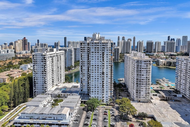 bird's eye view featuring a water view and a view of city