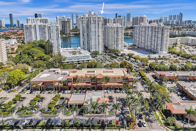 drone / aerial view featuring a water view and a city view