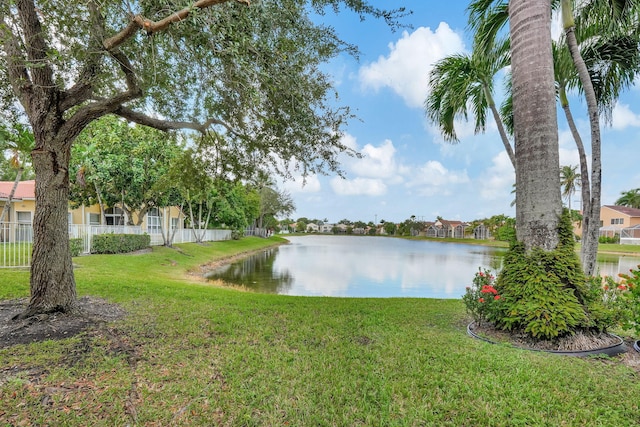 property view of water featuring fence