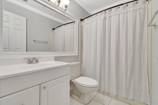 bathroom with curtained shower, toilet, ornamental molding, vanity, and tile patterned flooring