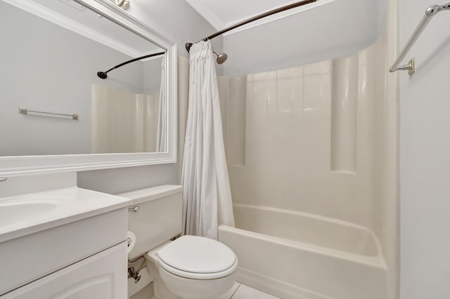 full bathroom featuring toilet, shower / bath combination with curtain, and vanity