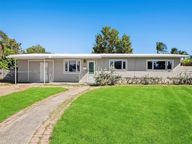 single story home with a front yard and stucco siding