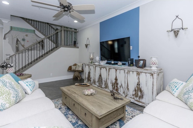 living area with recessed lighting, stairway, ceiling fan, wood finished floors, and baseboards