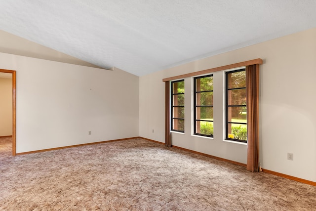 empty room with carpet floors, lofted ceiling, a textured ceiling, and baseboards