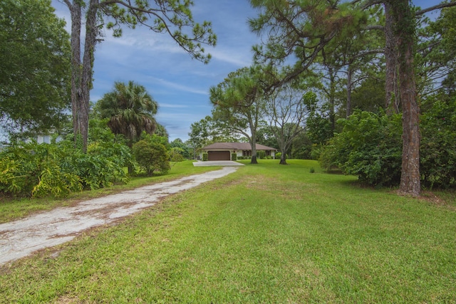 view of yard featuring an attached garage and dirt driveway