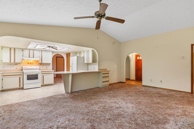 kitchen featuring light carpet, light countertops, white appliances, and a ceiling fan