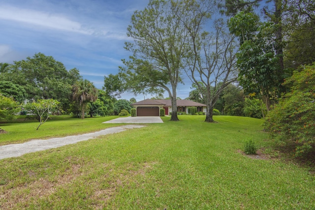 view of front facade with driveway, an attached garage, and a front lawn