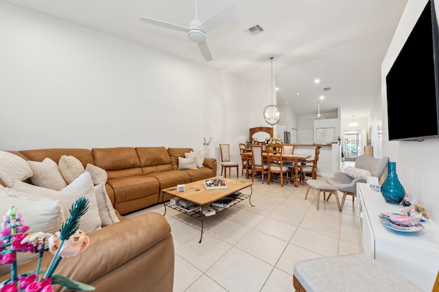 living area with recessed lighting, ceiling fan, visible vents, and light tile patterned flooring