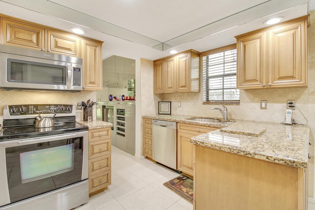 kitchen with stainless steel appliances, tasteful backsplash, a sink, and light stone countertops