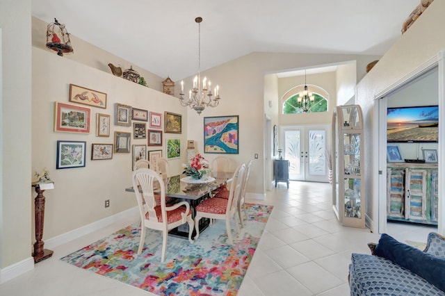 dining area featuring baseboards, high vaulted ceiling, french doors, a chandelier, and light tile patterned flooring