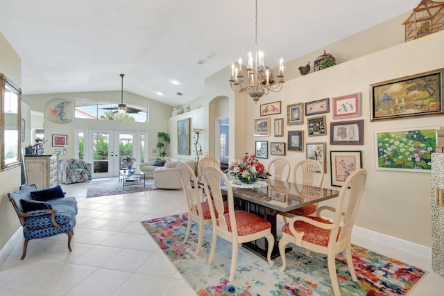 dining room featuring high vaulted ceiling, french doors, baseboards, and light tile patterned floors