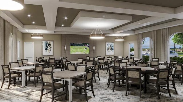 dining space with beamed ceiling, coffered ceiling, and recessed lighting