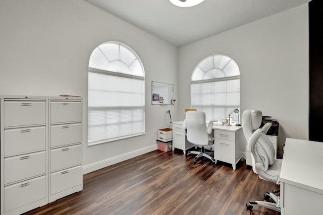 office featuring dark wood-style floors and baseboards