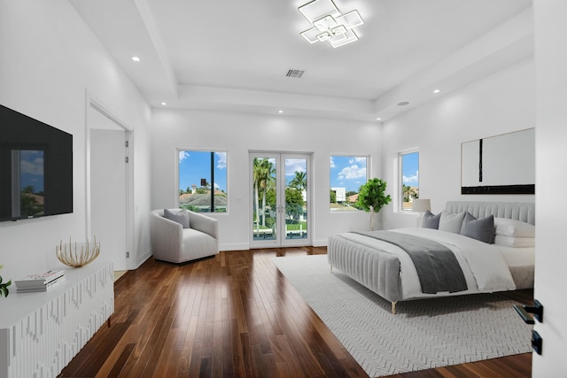 bedroom featuring access to exterior, dark wood-style floors, french doors, recessed lighting, and visible vents