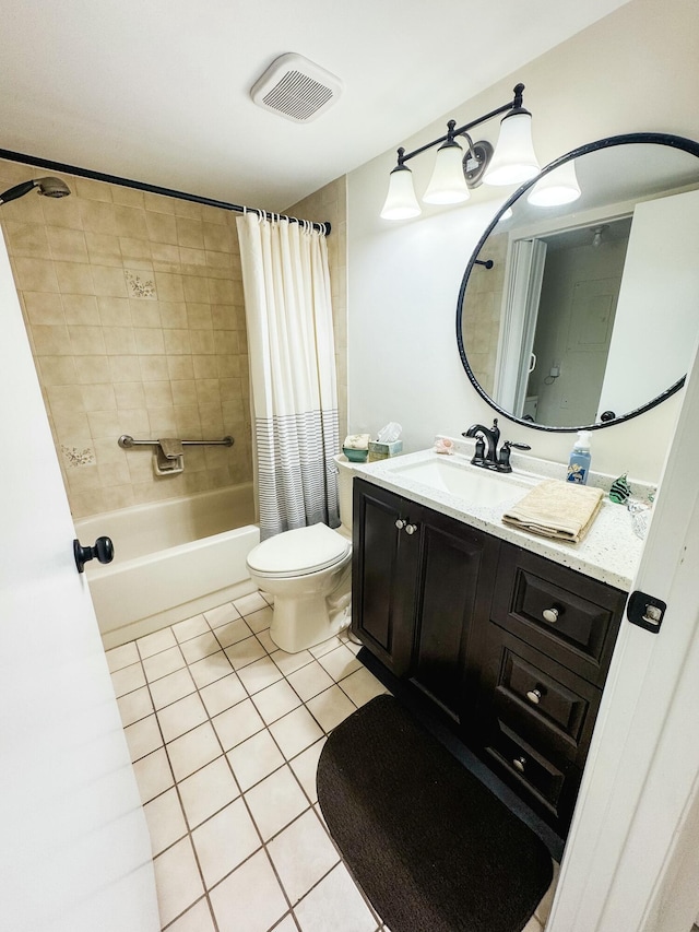 full bath with visible vents, toilet, shower / tub combo, vanity, and tile patterned flooring