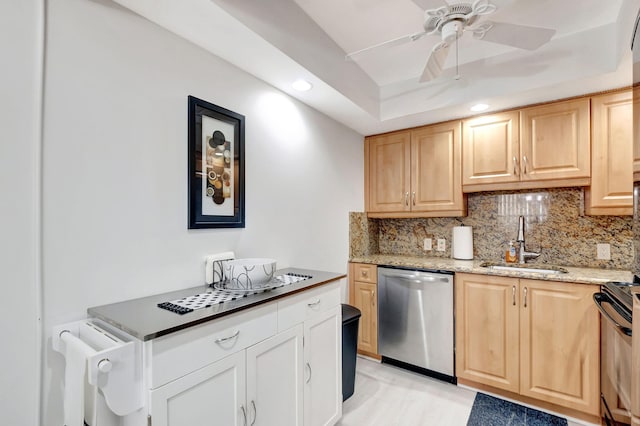 kitchen with a sink, stainless steel dishwasher, backsplash, black electric range oven, and light brown cabinetry