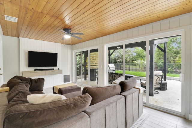 living room with light wood-style floors, wooden ceiling, visible vents, and ceiling fan