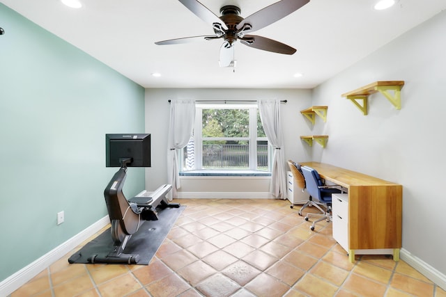 office with light tile patterned floors, recessed lighting, a ceiling fan, and baseboards