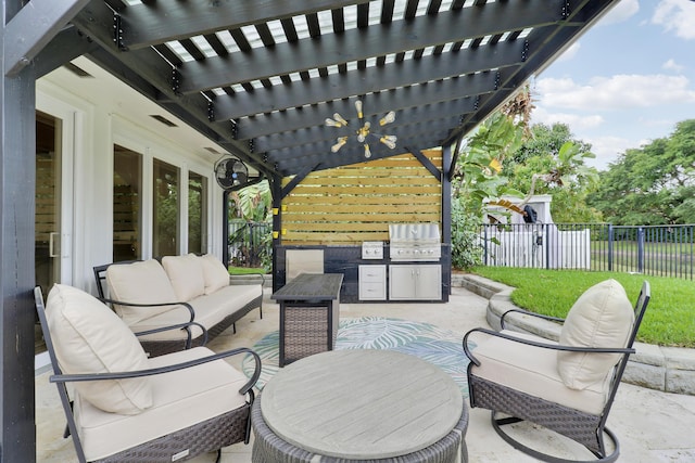 view of patio / terrace featuring area for grilling, fence, an outdoor living space, and a pergola