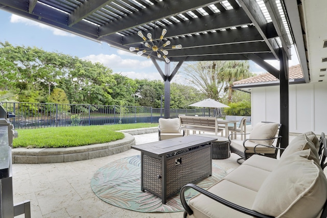 view of patio / terrace with outdoor dining space, fence, an outdoor living space, and a pergola