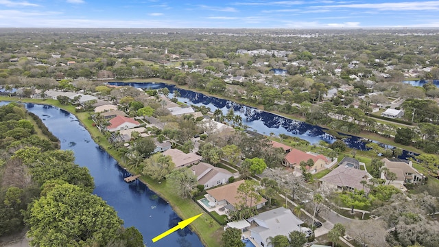 aerial view with a water view and a residential view