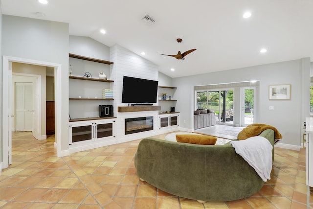 living room with light tile patterned floors, lofted ceiling, recessed lighting, a large fireplace, and visible vents