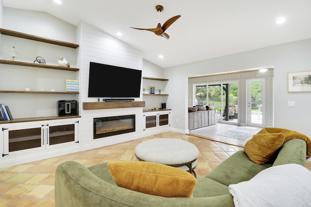 living area featuring ceiling fan, light tile patterned flooring, recessed lighting, a fireplace, and vaulted ceiling