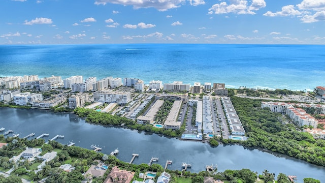 bird's eye view featuring a water view and a city view