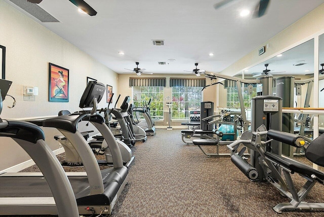 gym with recessed lighting, visible vents, and baseboards