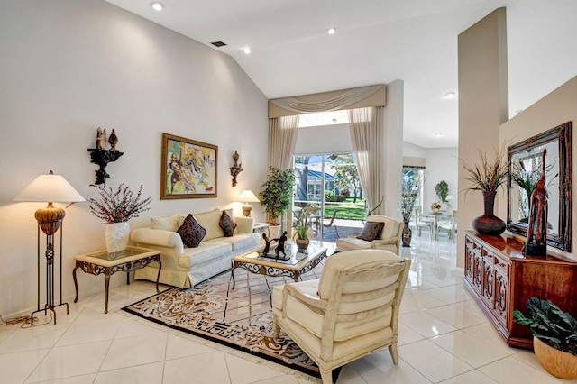 living room featuring recessed lighting, visible vents, vaulted ceiling, and light tile patterned flooring