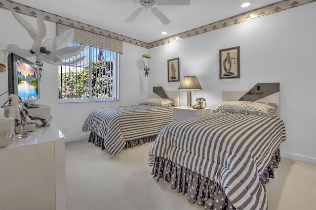 bedroom with carpet flooring, recessed lighting, a ceiling fan, and baseboards