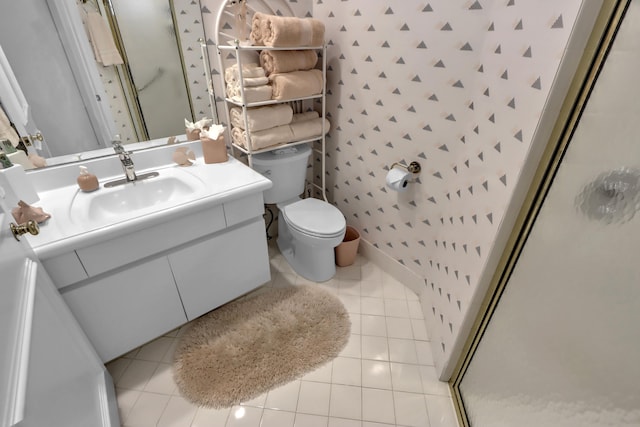 bathroom with wallpapered walls, toilet, a stall shower, and tile patterned flooring