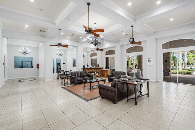 living area with light tile patterned flooring, beamed ceiling, coffered ceiling, and crown molding