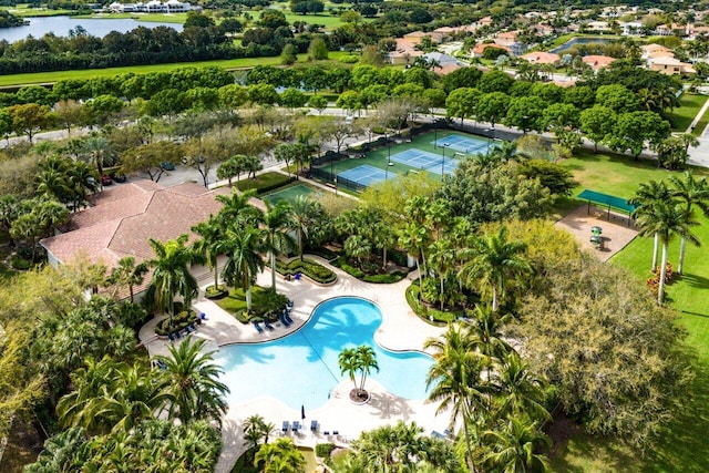 aerial view featuring a water view