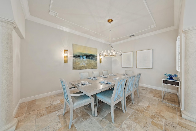 dining space with stone tile flooring, visible vents, crown molding, and baseboards