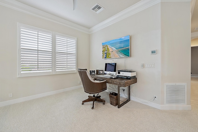 carpeted office featuring ornamental molding, visible vents, and baseboards