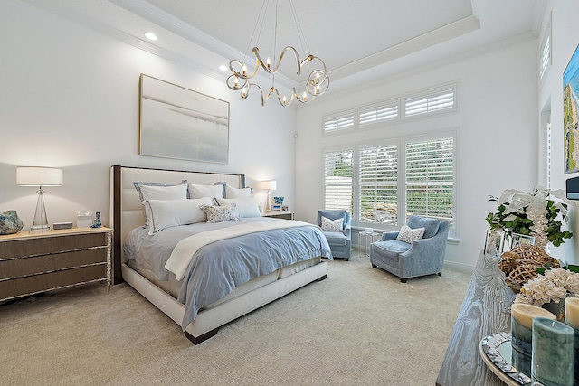 bedroom featuring baseboards, a raised ceiling, crown molding, carpet flooring, and a notable chandelier