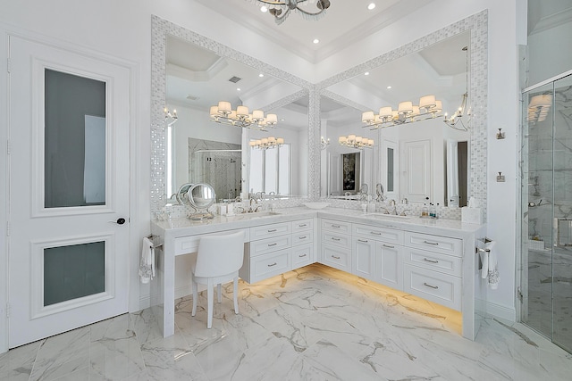 full bath with a stall shower, marble finish floor, a chandelier, and ornamental molding