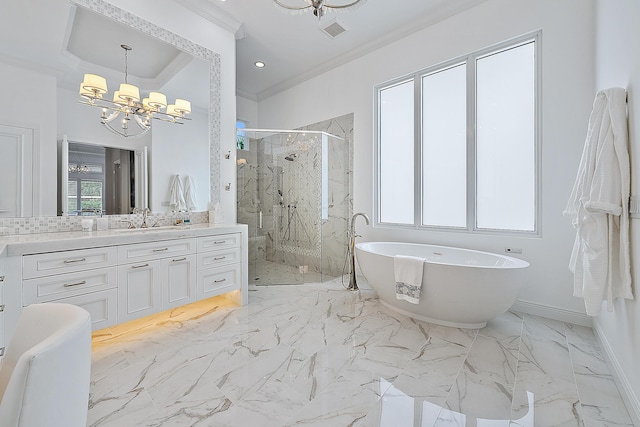 full bathroom featuring marble finish floor, crown molding, a marble finish shower, visible vents, and an inviting chandelier