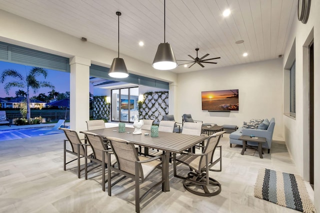 dining room featuring wooden ceiling and recessed lighting