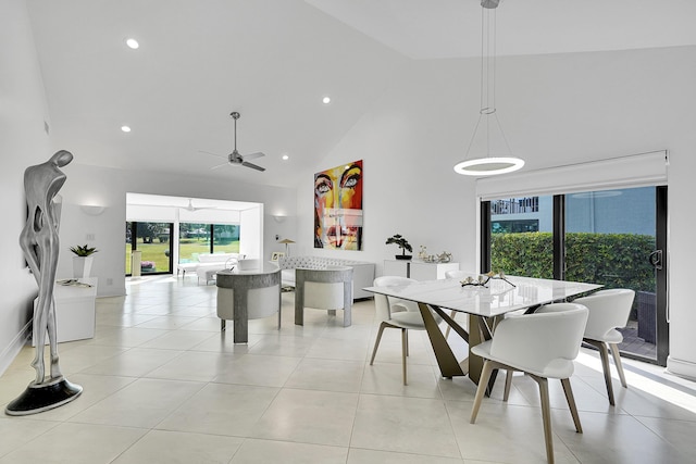 dining area with light tile patterned floors, high vaulted ceiling, a ceiling fan, and recessed lighting