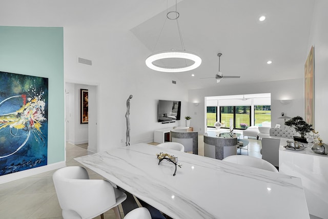 dining space with visible vents, ceiling fan, light tile patterned flooring, high vaulted ceiling, and recessed lighting