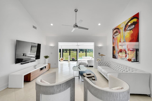 living area with light tile patterned floors, recessed lighting, visible vents, and a ceiling fan