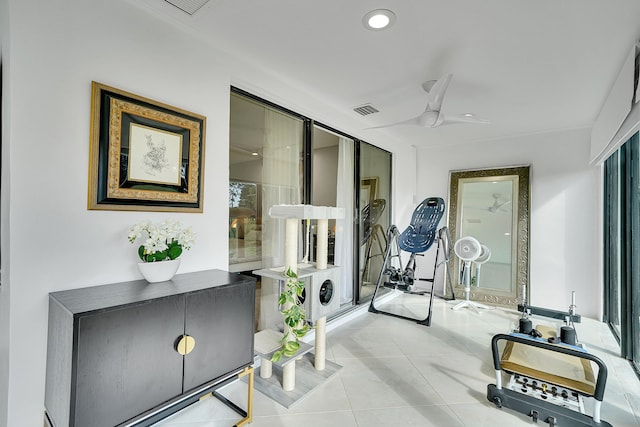 workout area with ceiling fan, tile patterned flooring, visible vents, and recessed lighting